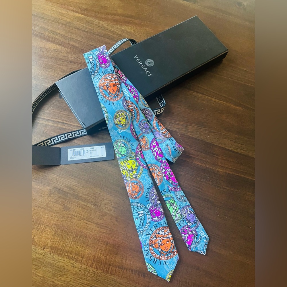 Versace multicolor medusa tie.